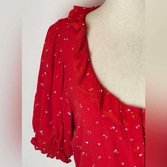 Aritzia Sunday Best Taryn Red with Pink/White Hearts Print Blouse EUC - Picture 7 of 13